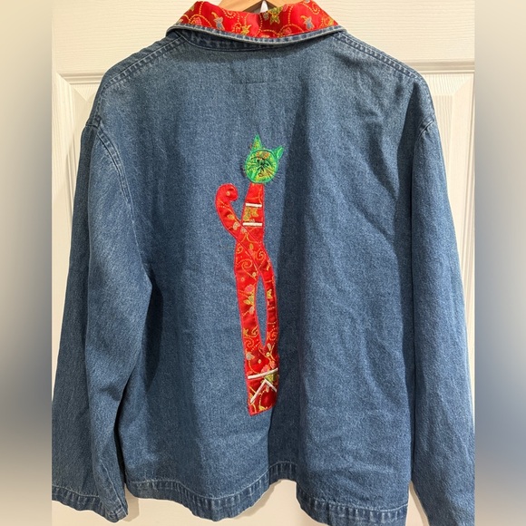 Vintage Tantrums Cats Blue Red Artistic Embroidered Unique Jean Jacket - Picture 4 of 5